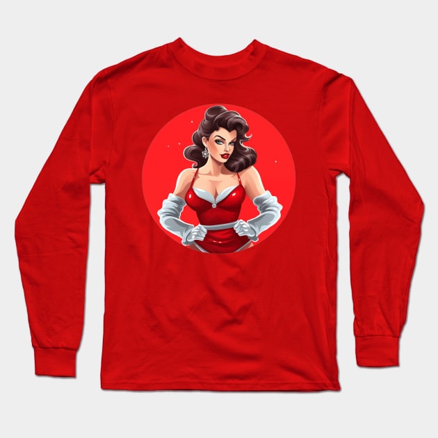 Christmas Pinup Girl Long Sleeve T-Shirt by The Little Store Of Magic